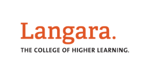 Langara Logo. Fire orange serif text reads: "Langara." Just below, in black all caps text, it reads "The college of Higher Learning."