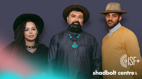 Image of 3 musicians, from left to right: Holly Eccleston wearing a black hat, Ruby Singh in the middle wearing abrown hat and blue gem necklace, Khari Wendell McClelland wearing a beige hat.