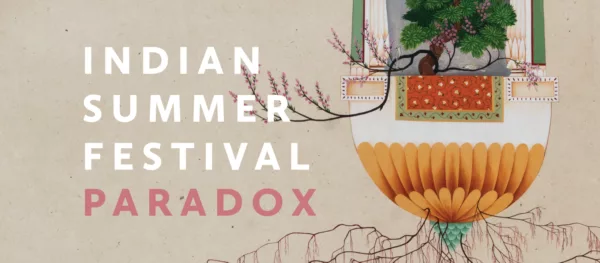 The image features the text "Indian Summer Festival Paradox" in large, bold letters on a textured beige background. To the right, there is an intricate illustration that includes a tree with lush green leaves and pink blossoms, a decorative rug, and abstract roots extending downward. The design is colorful and has a detailed, traditional artistic style.